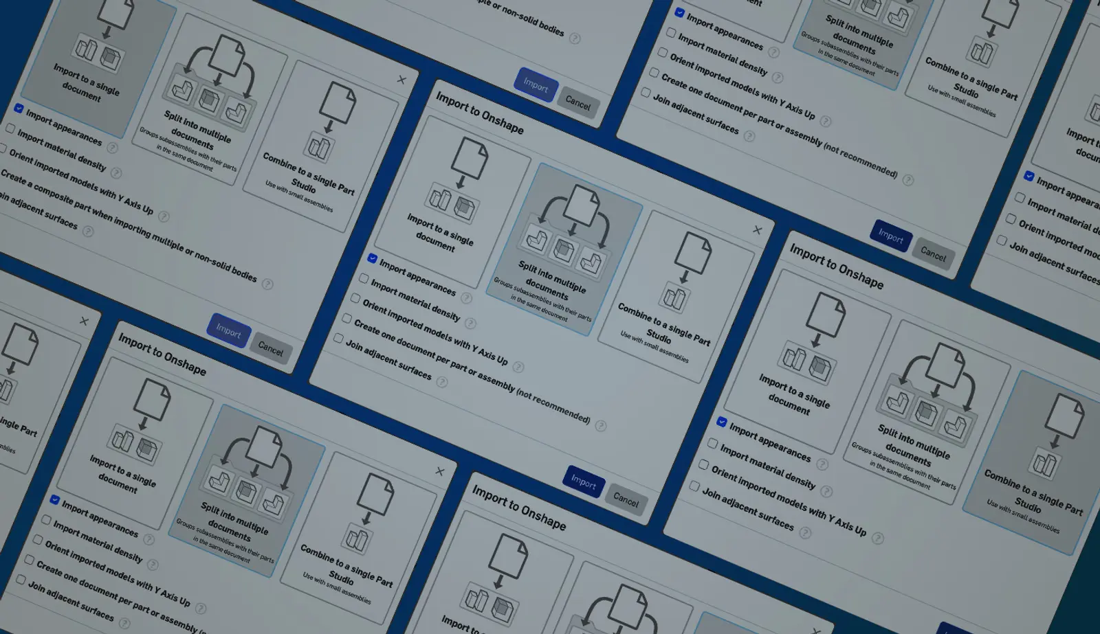 Collage with an overlay showing Onshape GUI of import options.