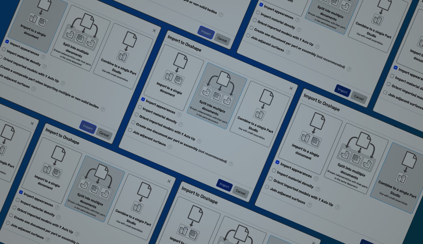 Collage with an overlay showing Onshape GUI of import options.