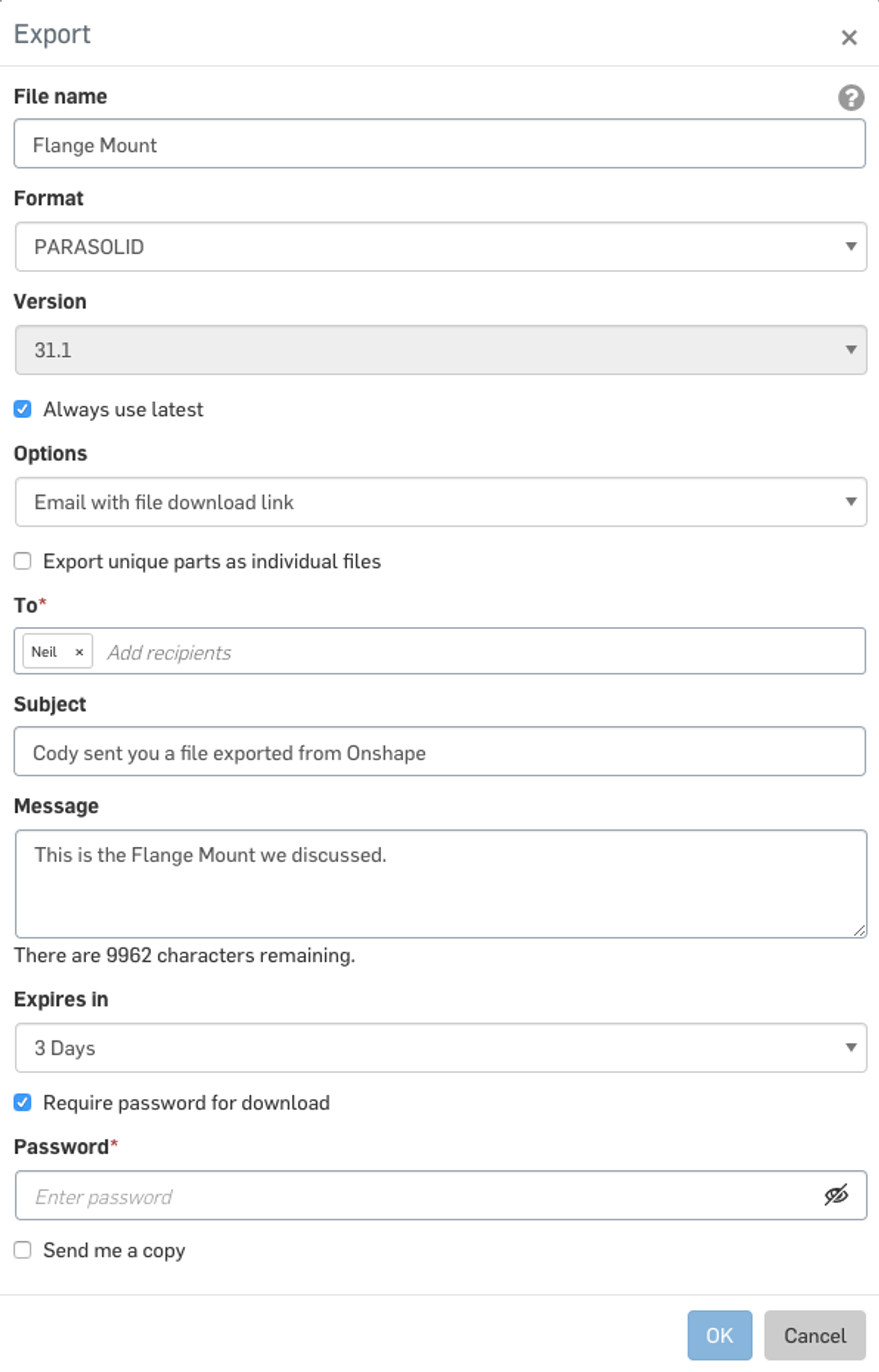 Screenshot of Onshape's password protection download dialog.