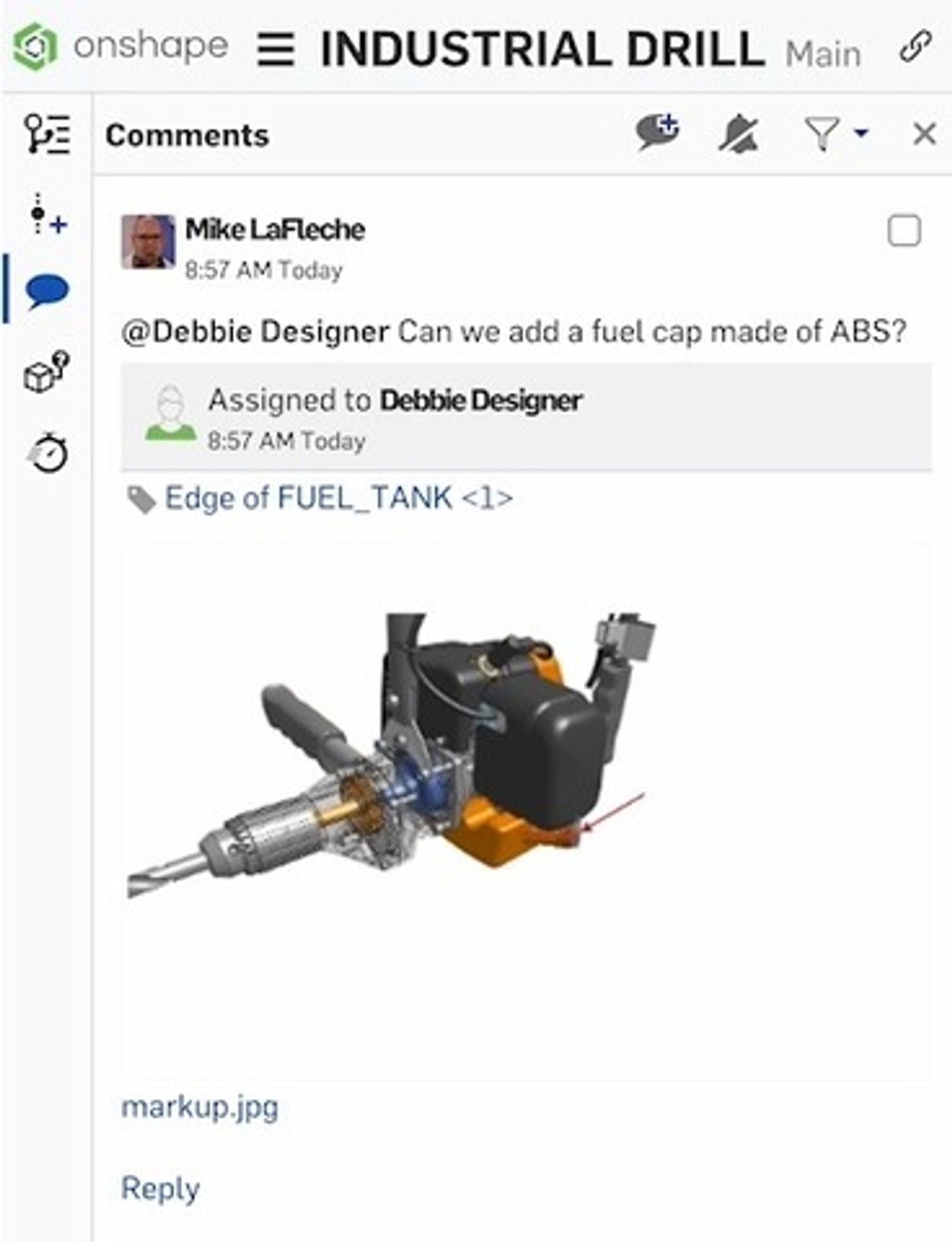 Onshape's function to post comments on designs