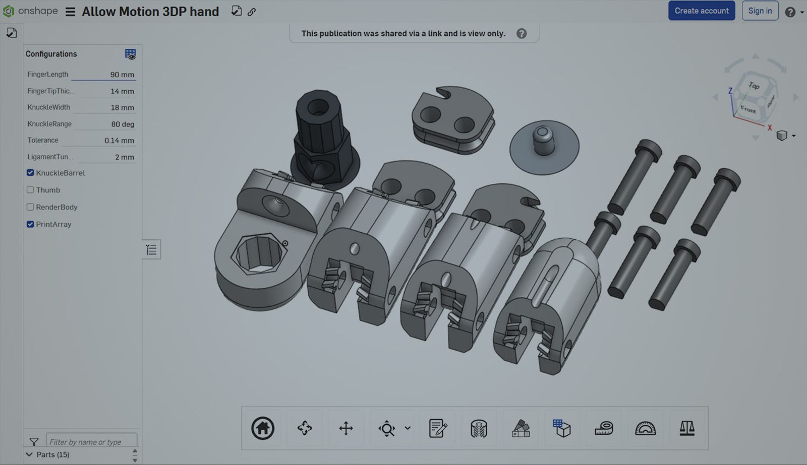 Onshape GUI darkened with an overlay showing a 3D modeled hand.
