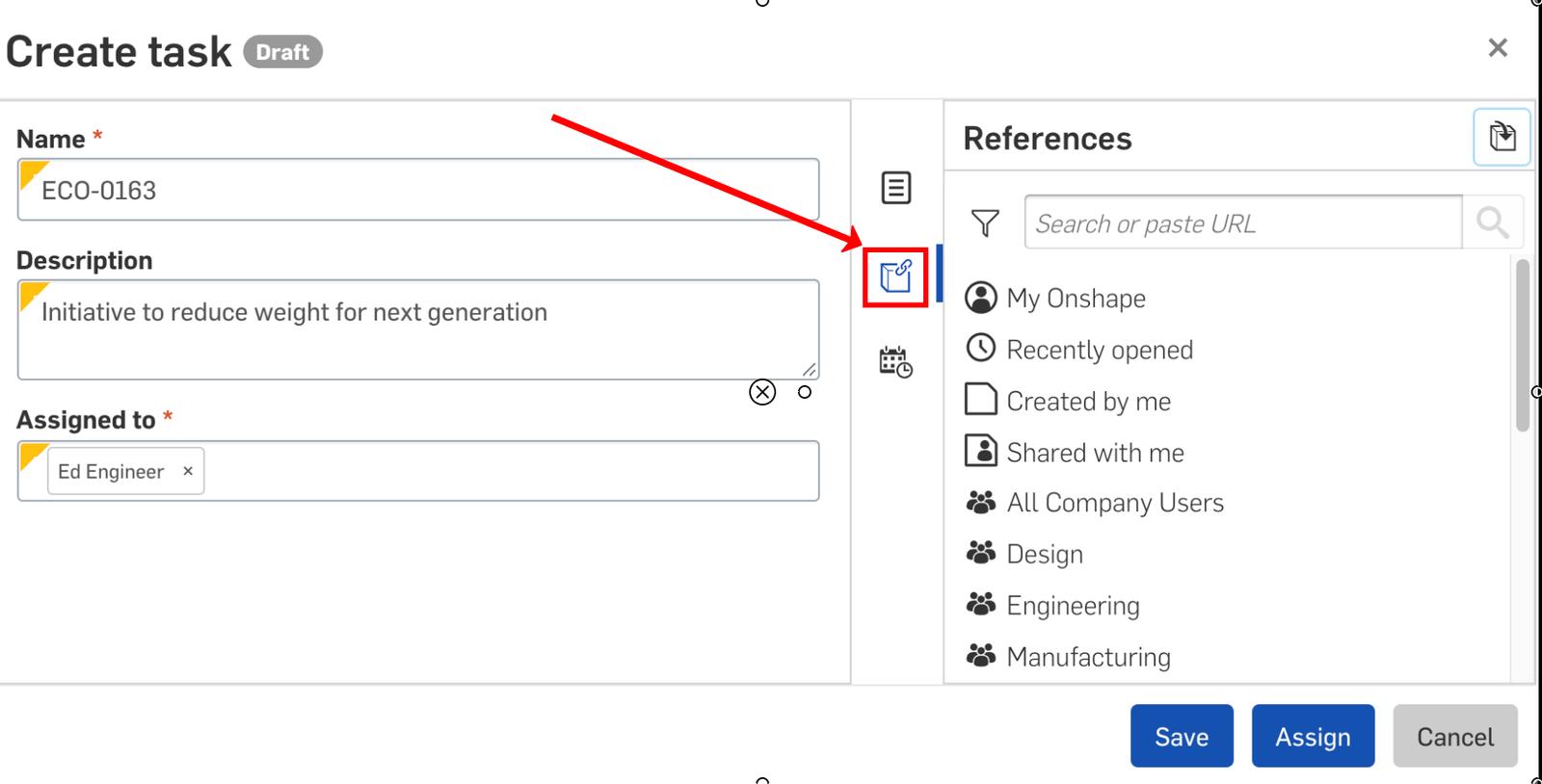 Shows where to go to add referenced Onshape objects to the task