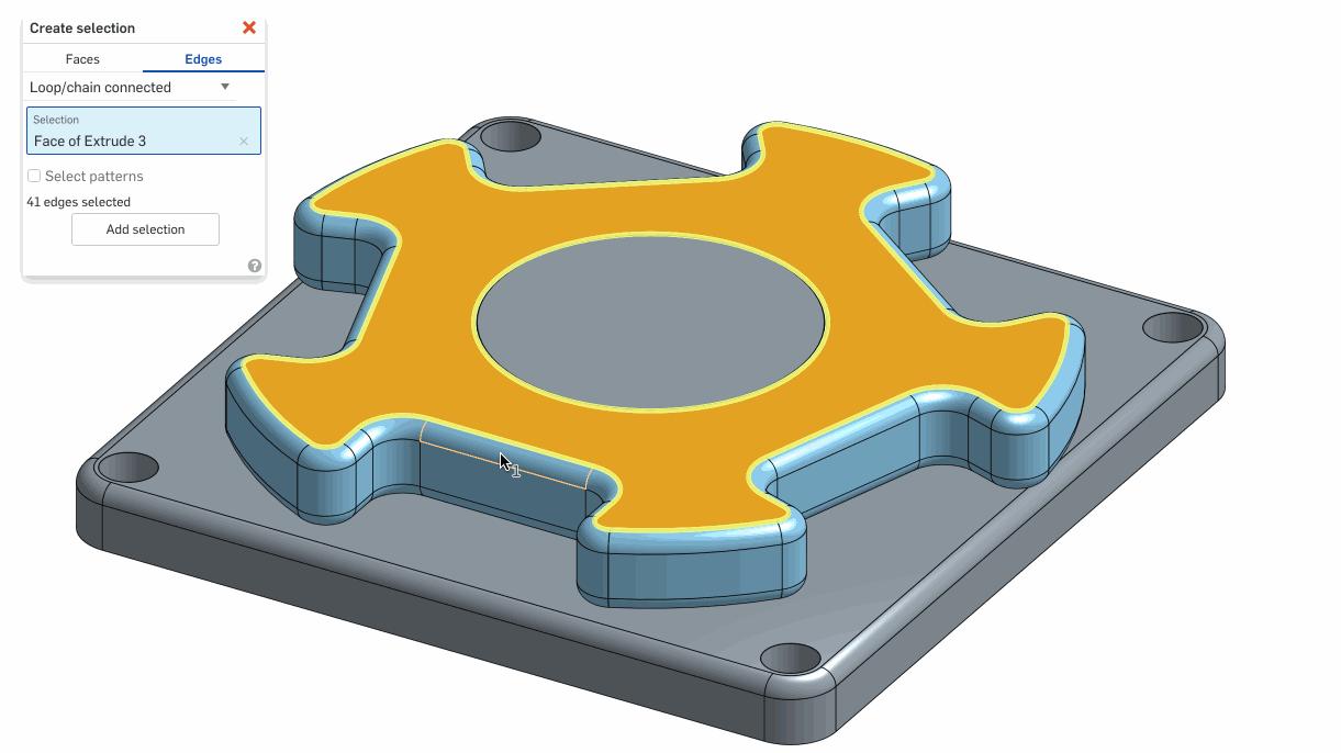Select all the edges in a loop/chain defined by faces or sketch edges.