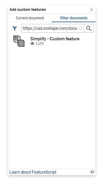 Onshape GUI showing the Add custom features dialog box.