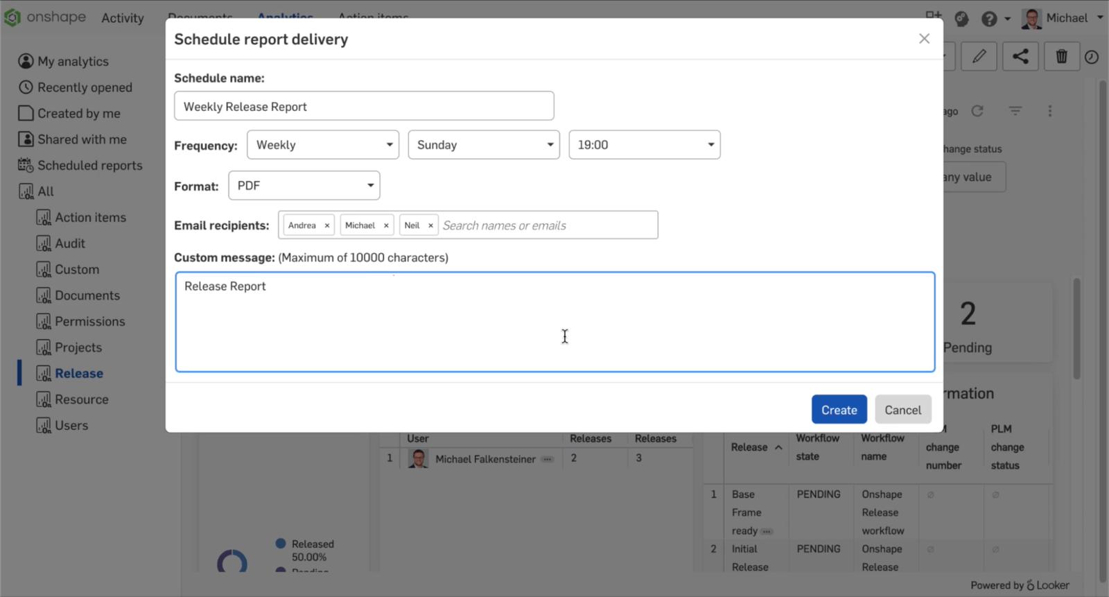 Onshape GUI showing the Schedule report delivery dialog box.