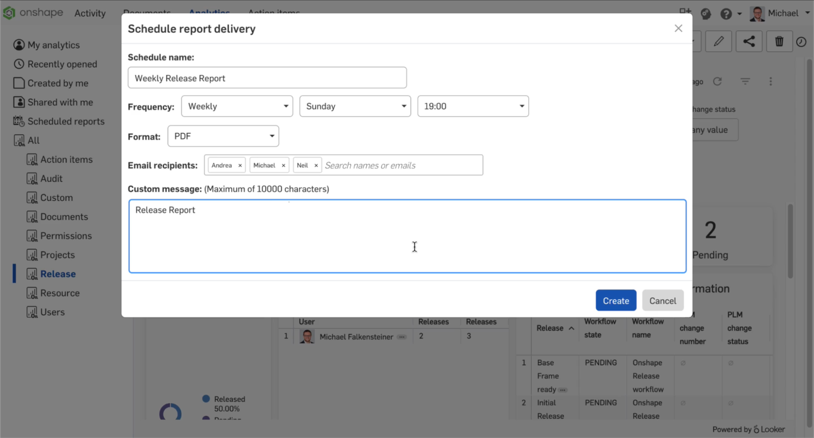 Onshape GUI showing the Schedule report delivery dialog box.