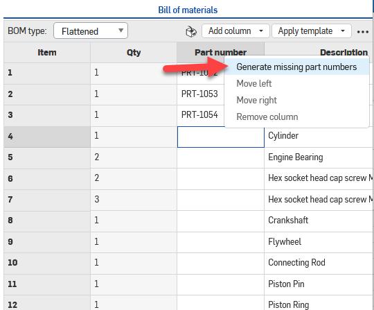 inset with generate missing part numbers