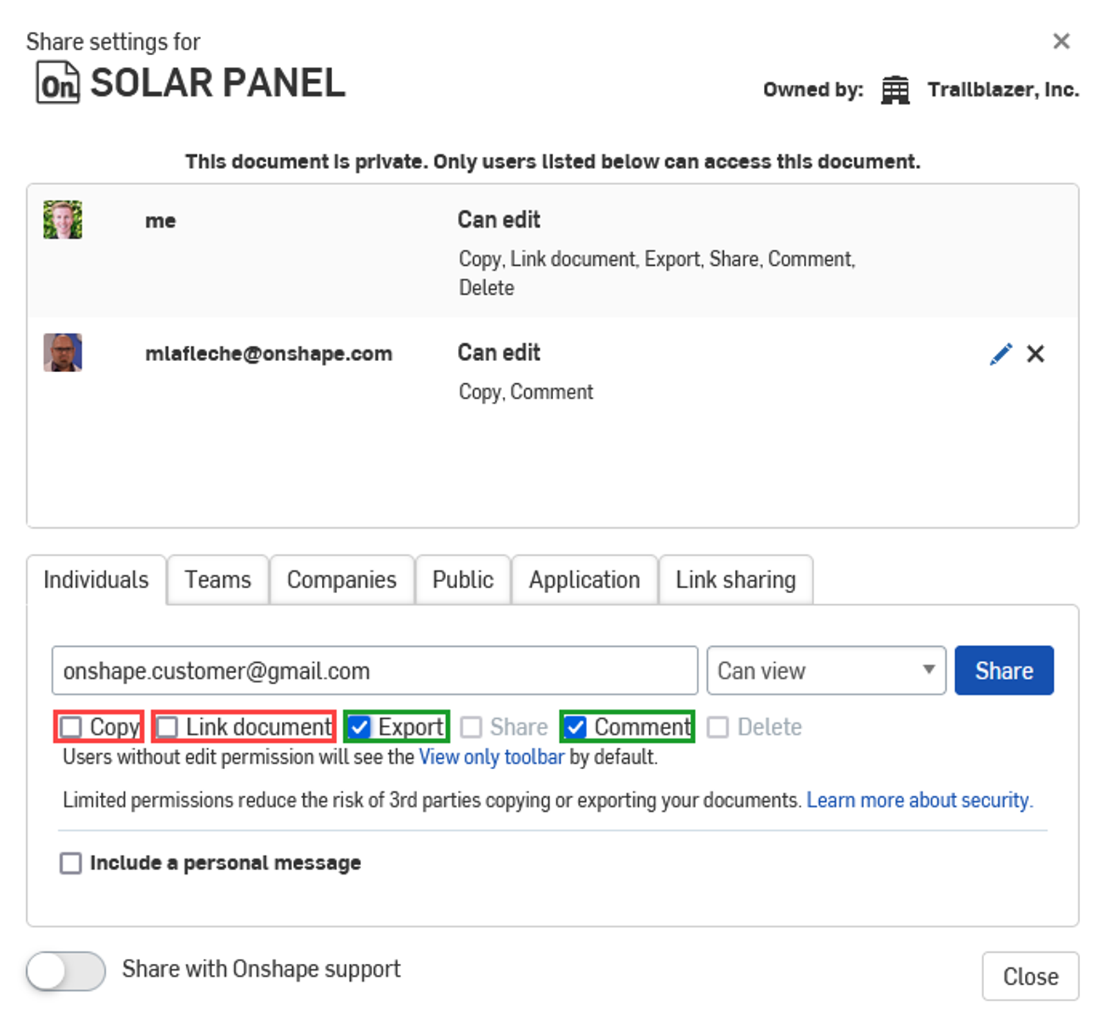 Shows a share panel highlighting which permissions are useful for view only users (comment and export) and which can lead to public data (link document and copy)