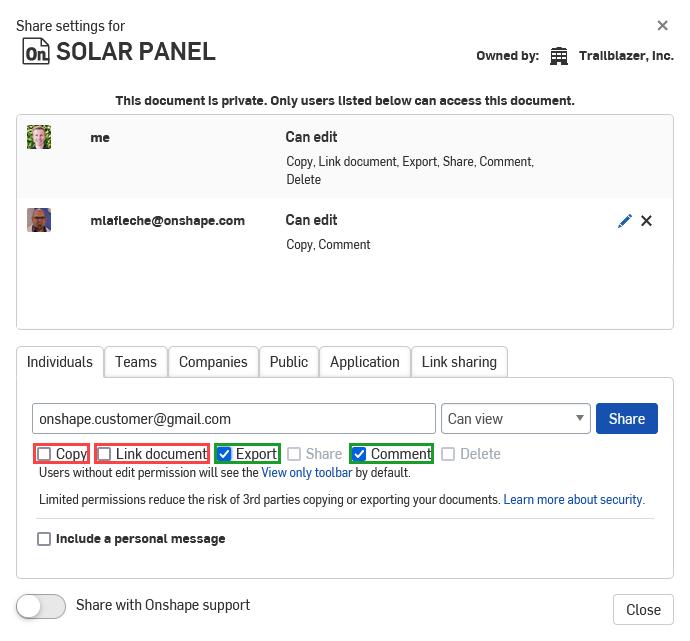 Shows a share panel highlighting which permissions are useful for view only users (comment and export) and which can lead to public data (link document and copy)