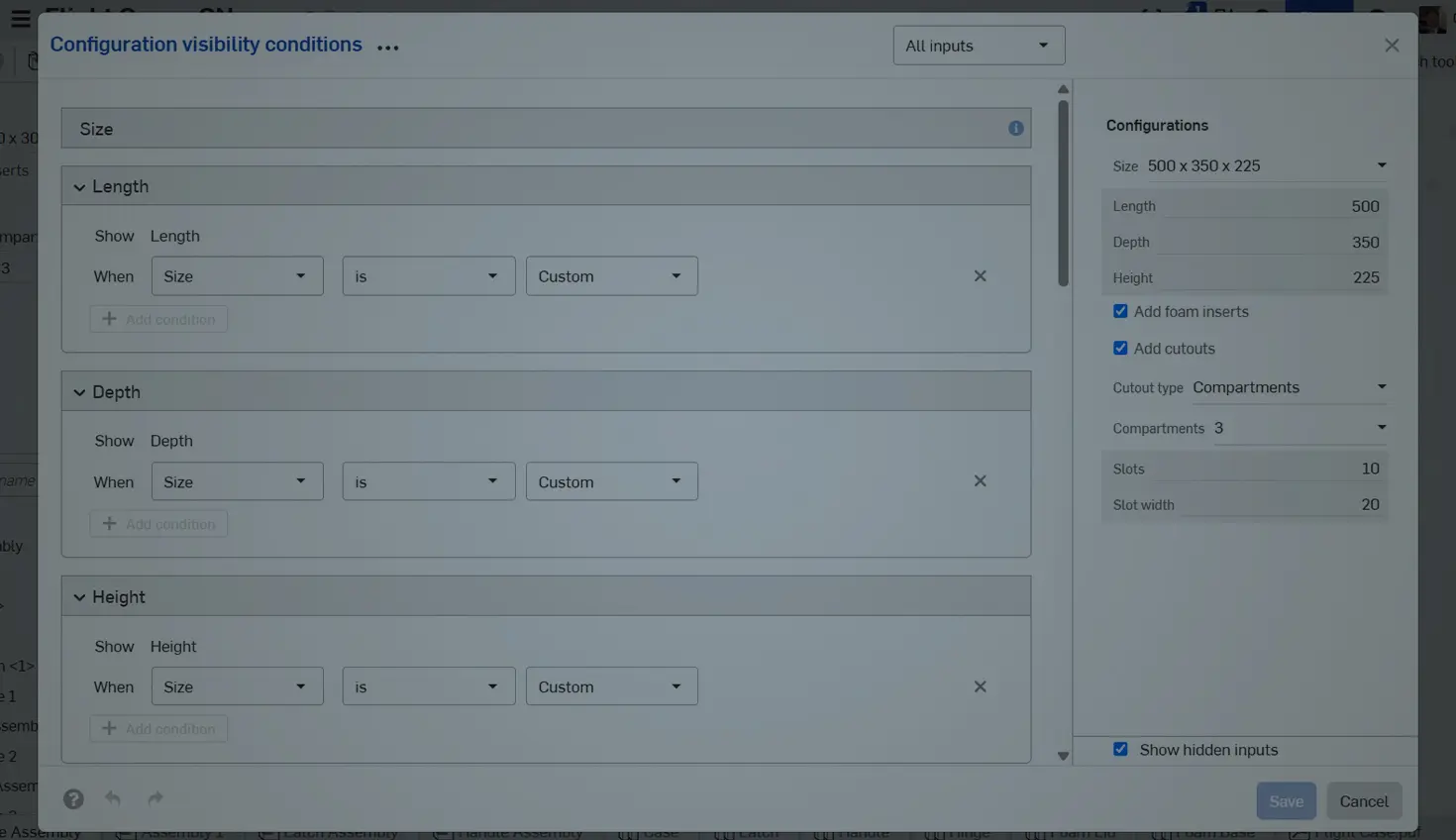 Onshape GUI with an overlay showing the Configuration Visibility Conditions dialog box