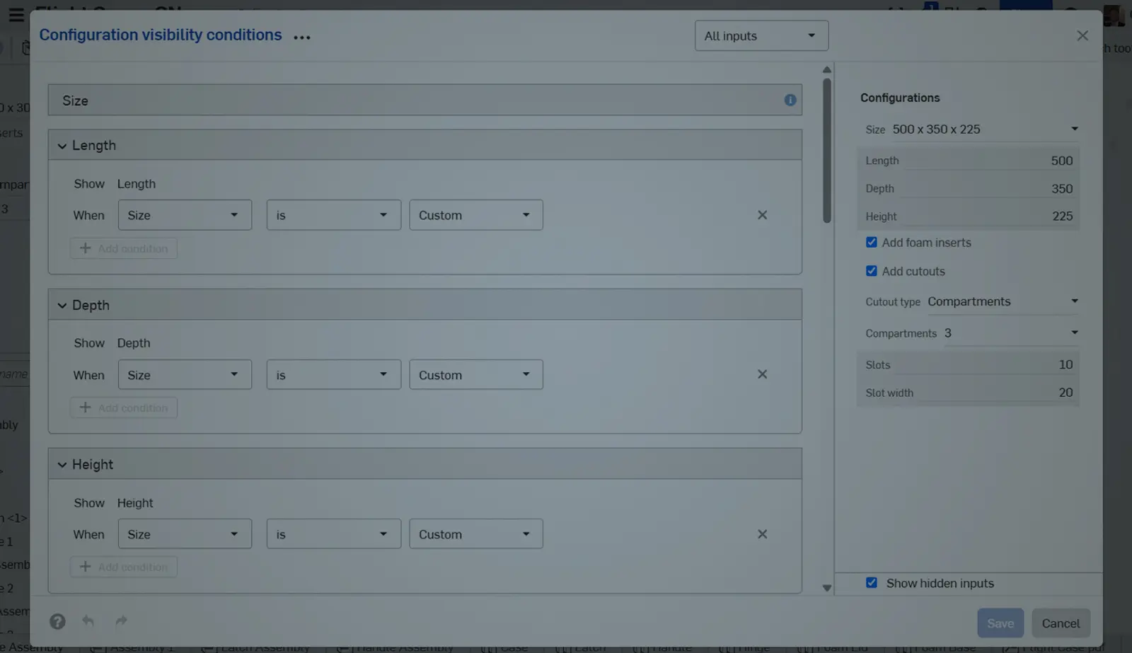 Onshape GUI with an overlay showing the Configuration Visibility Conditions dialog box