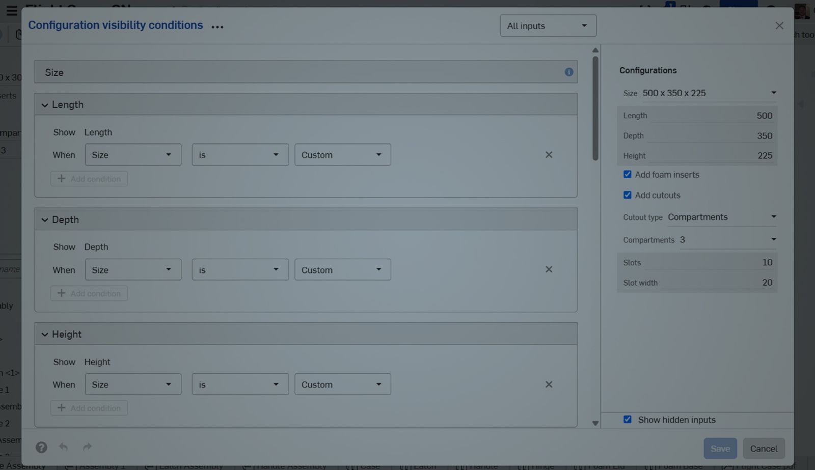 Onshape GUI with an overlay showing the Configuration Visibility Conditions dialog box