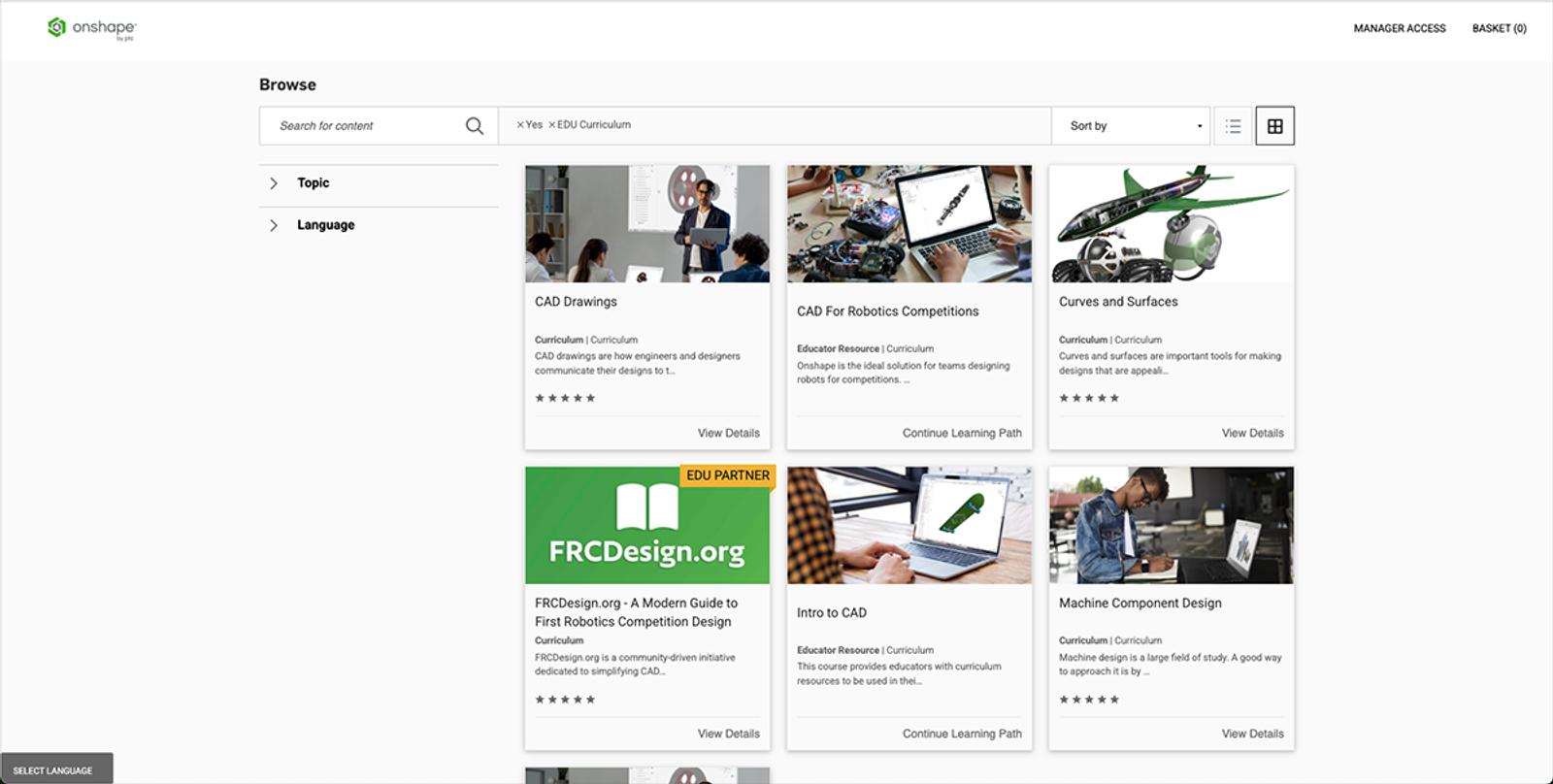 Courses in the Onshape Learning Center catalog.