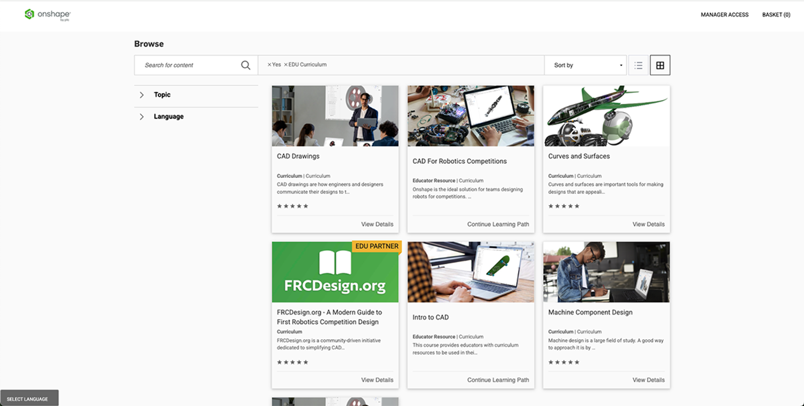 Courses in the Onshape Learning Center catalog.