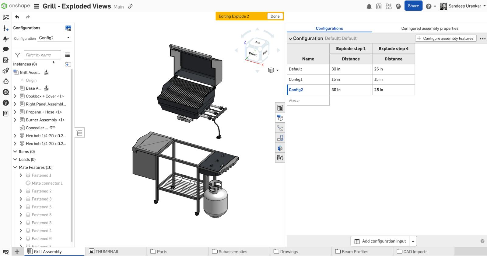 Onshape GUI showing exploded view for a 3D-modeled grill along with the Configurations flyout.