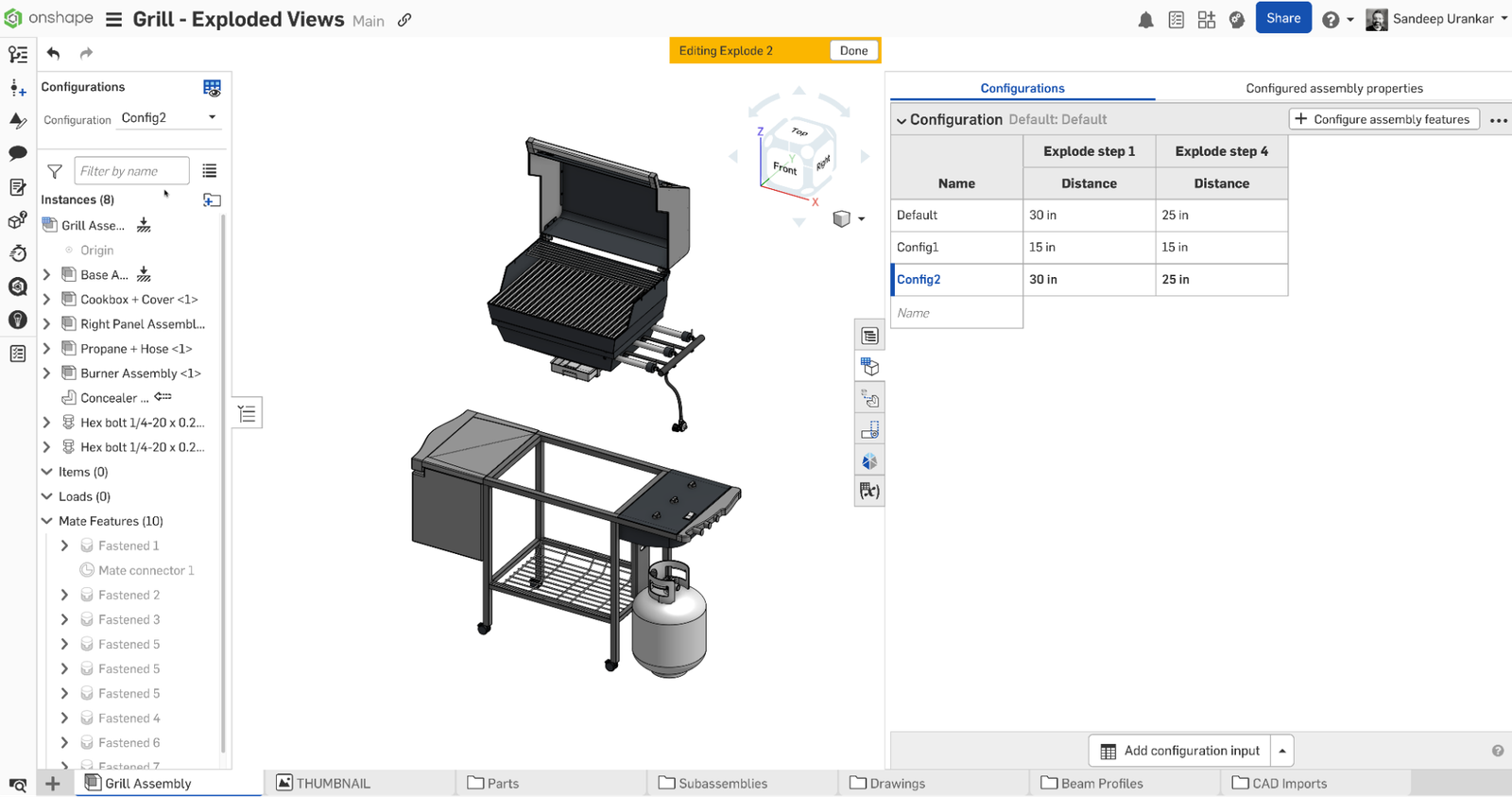 Onshape GUI showing exploded view for a 3D-modeled grill along with the Configurations flyout.