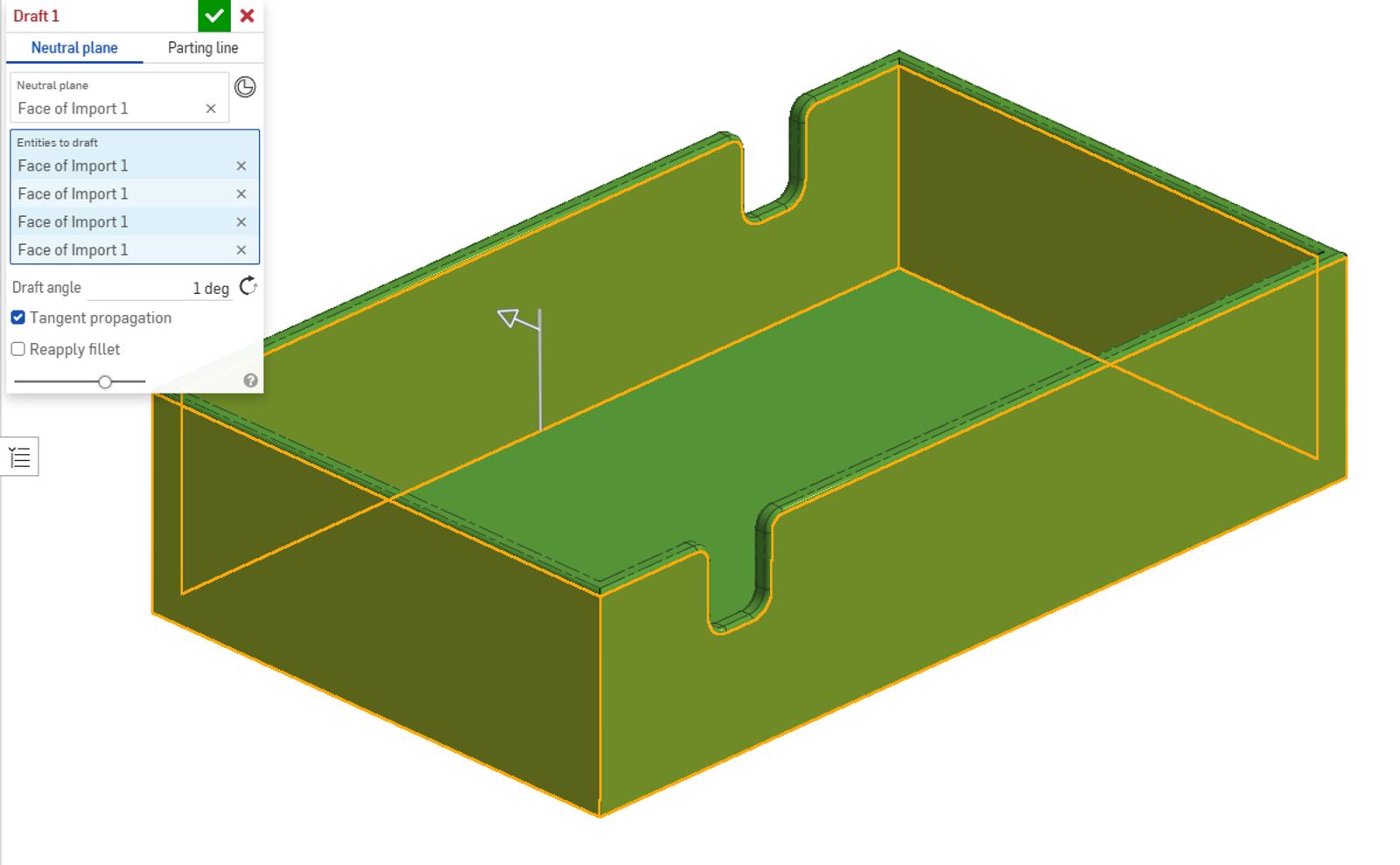 Onshape GUI showing all faces selected on a draft analysis of a part with fillets.