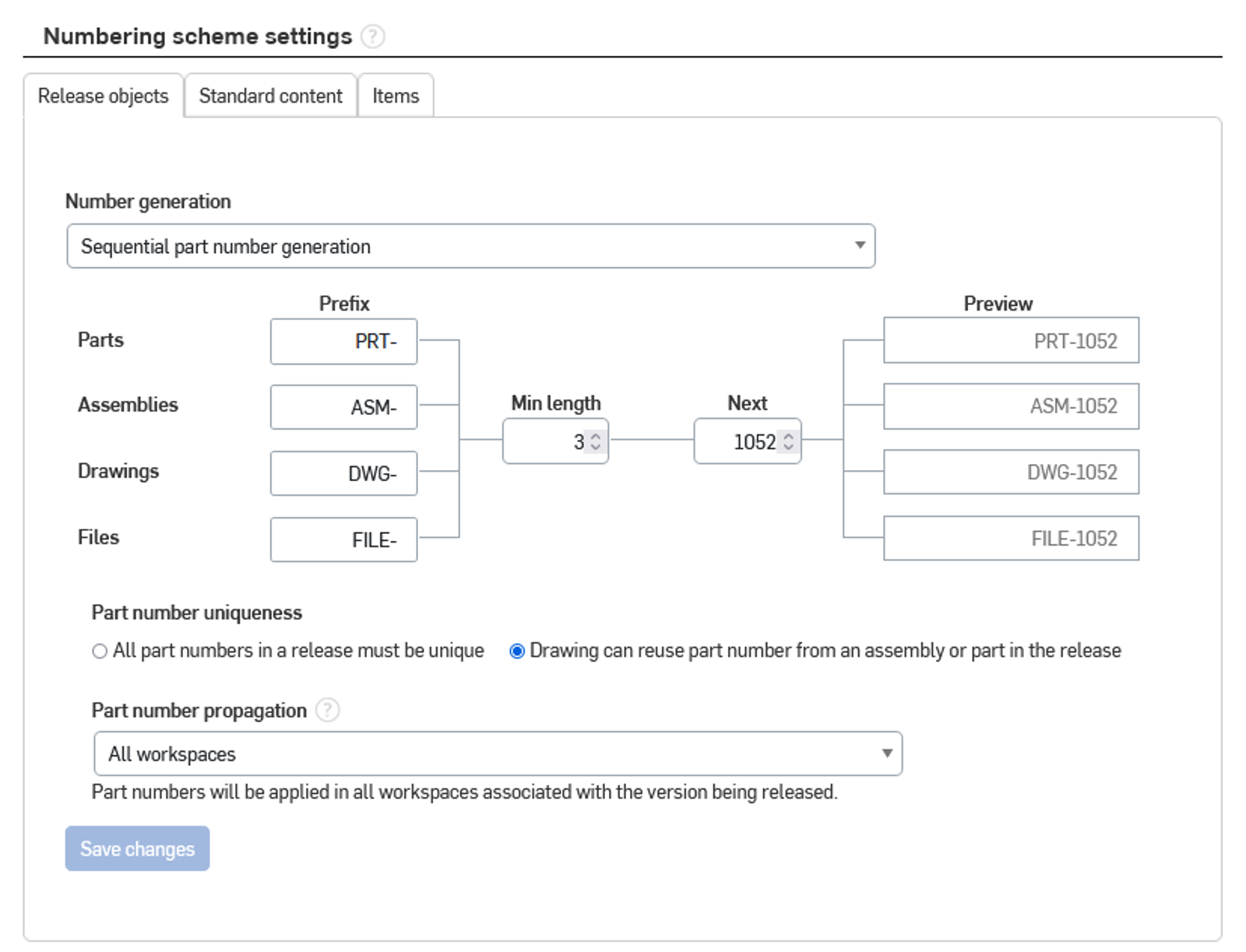 numbering schemes settings