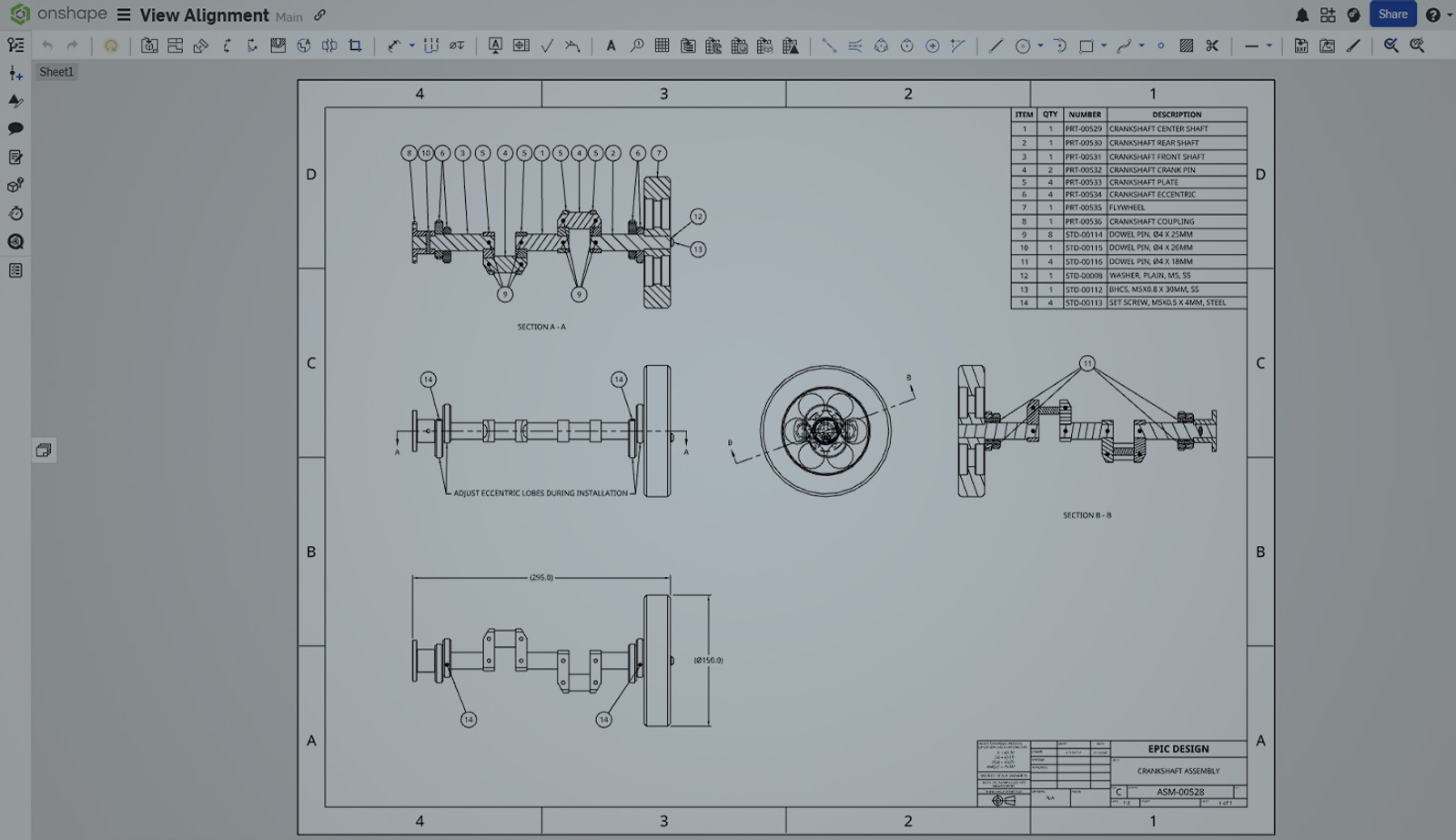 Onshape GUI with an overlay showing a drawing with aligned views.