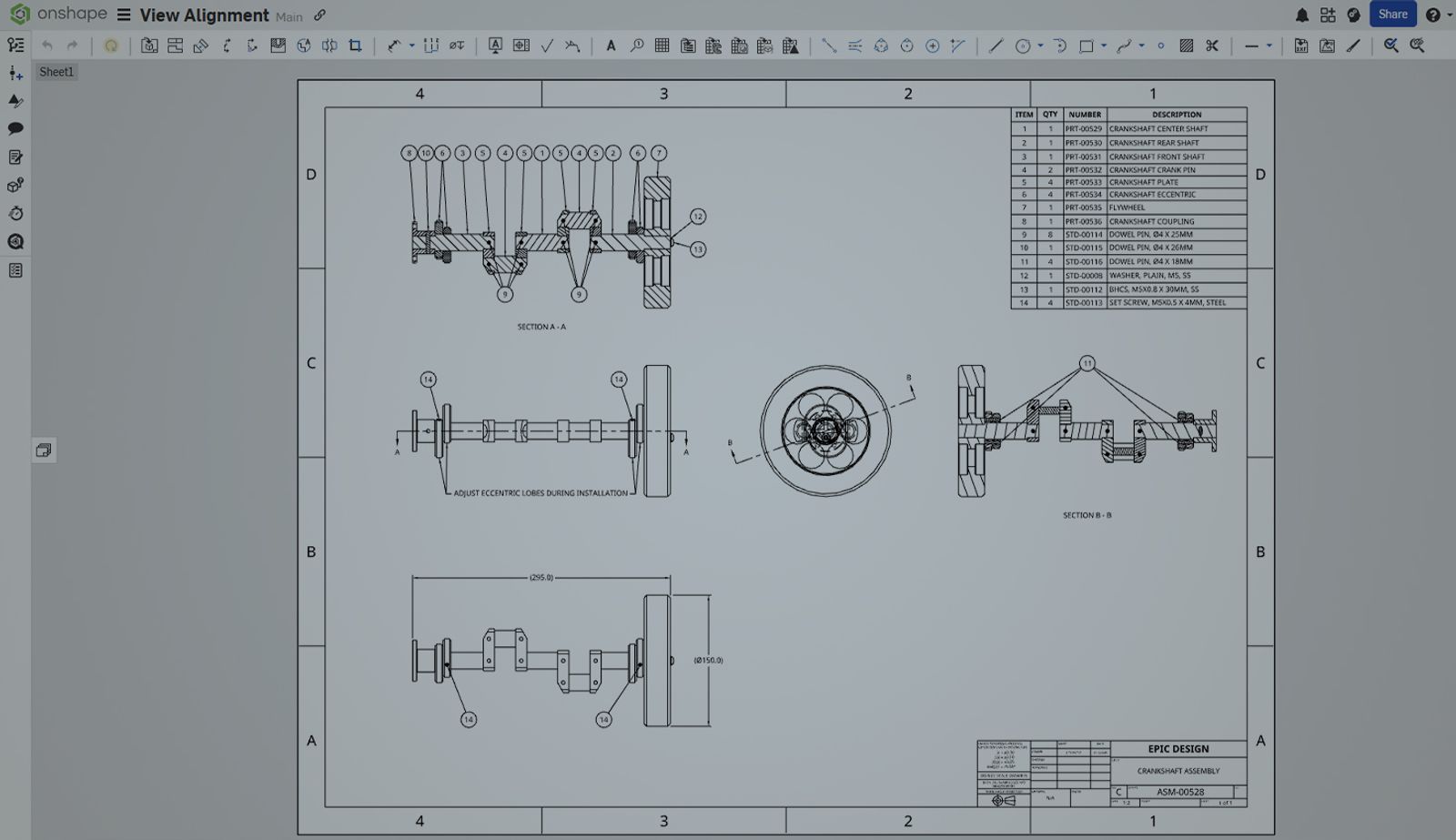 Onshape GUI with an overlay showing a drawing with aligned views.