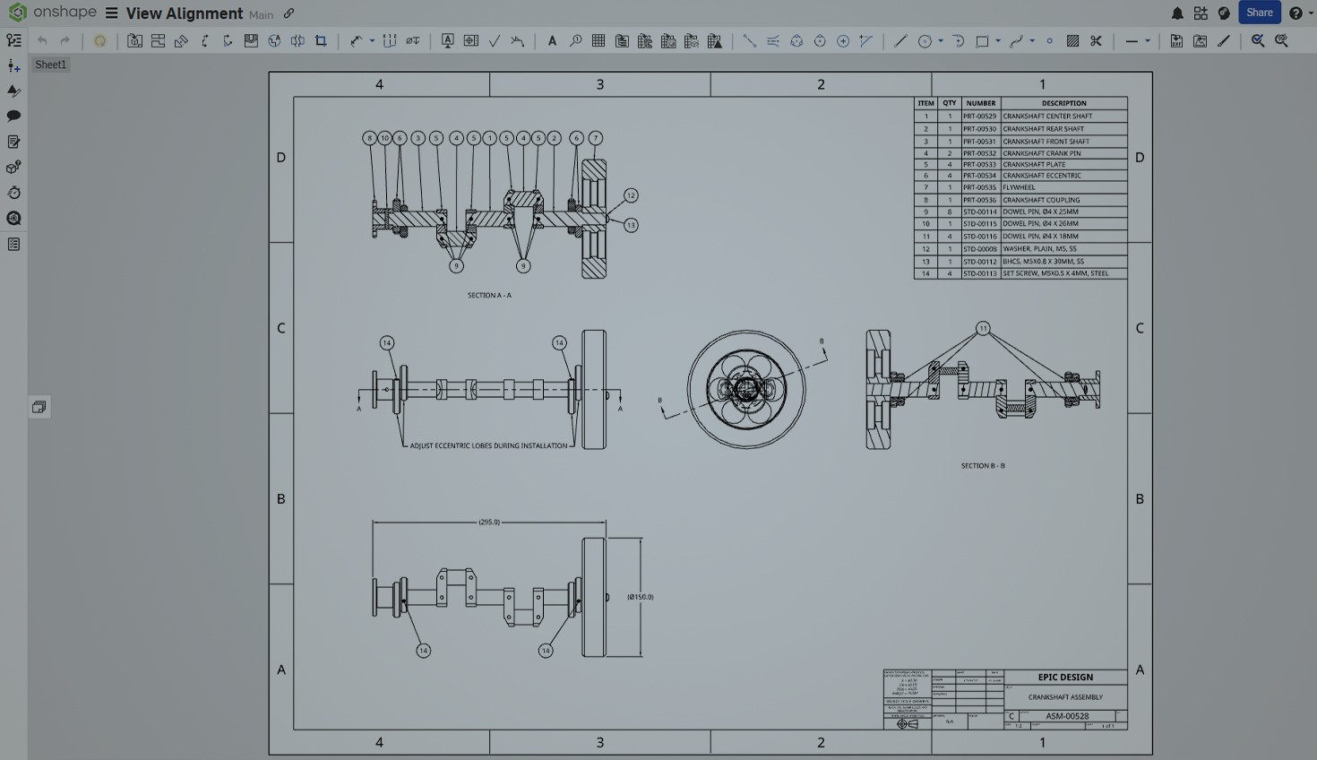 Onshape GUI with an overlay showing a drawing with aligned views.