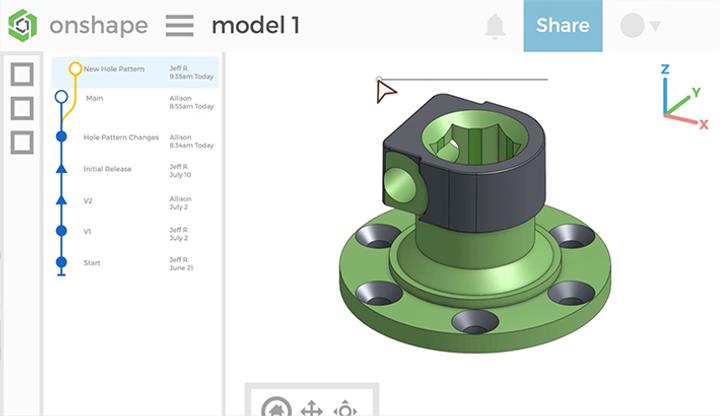 Image showing an Onshape CAD model within an animated workspace.