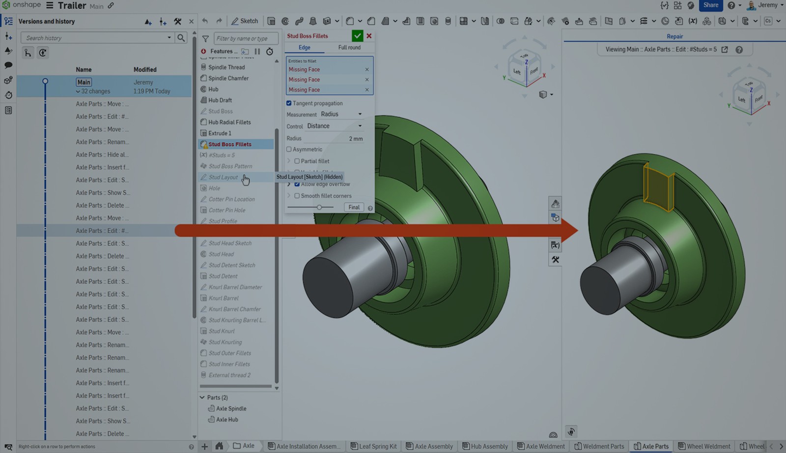 Darkened image showing the versions and history panel of a CAD model with a broken reference.