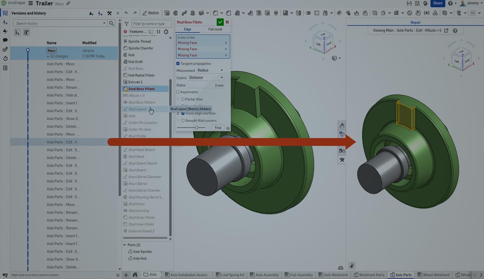 Darkened image showing the versions and history panel of a CAD model with a broken reference.