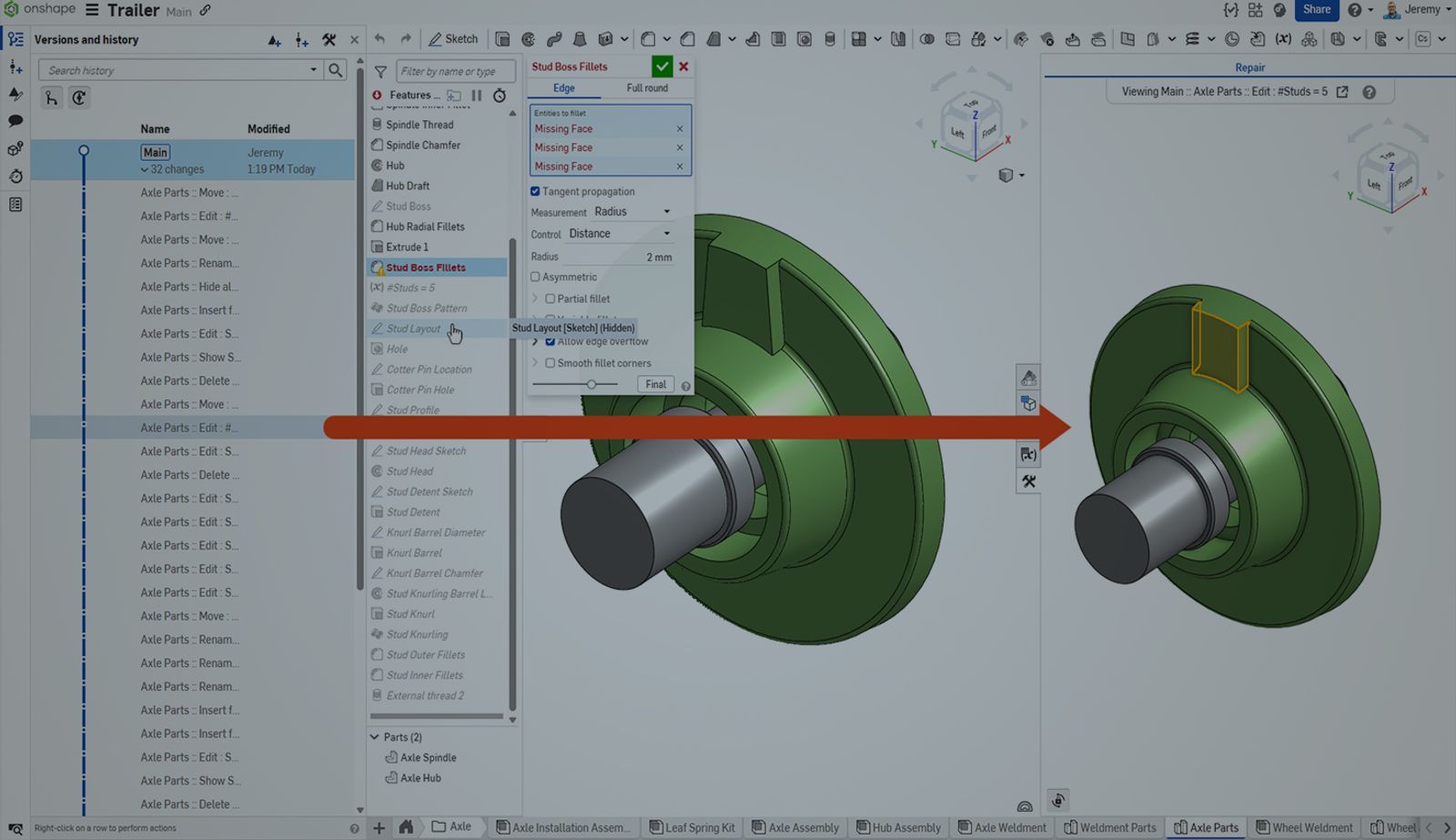 Darkened image showing the versions and history panel of a CAD model with a broken reference.