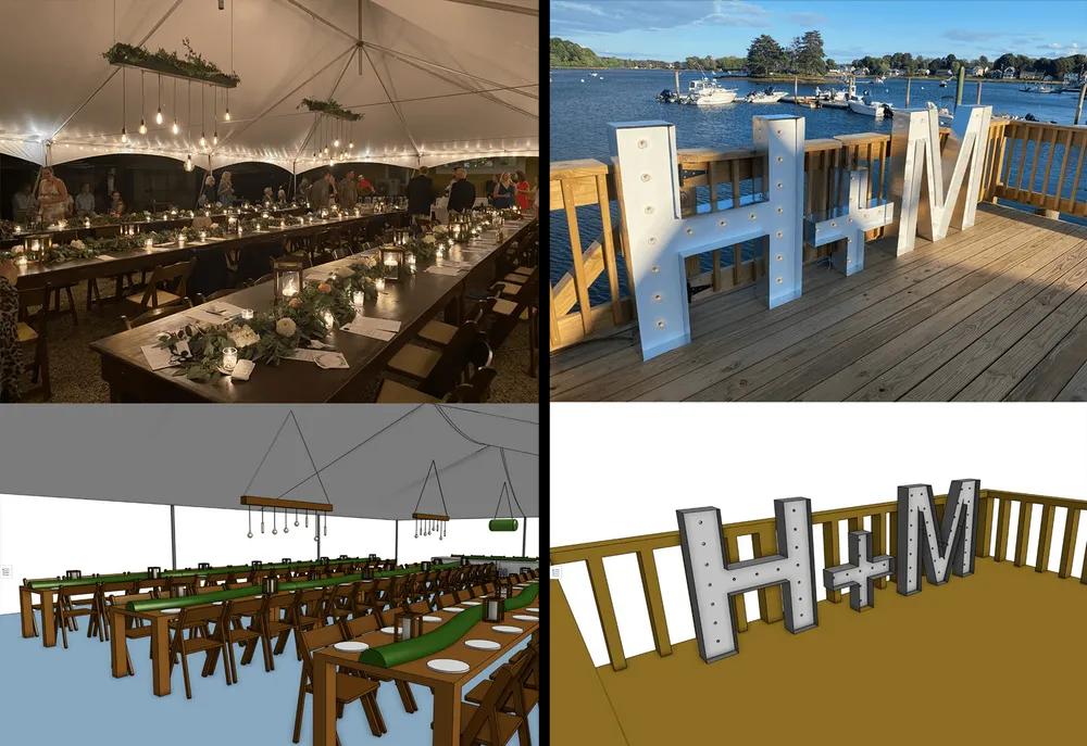 Onshape wedding venue models, bottom, compared to real life, top.