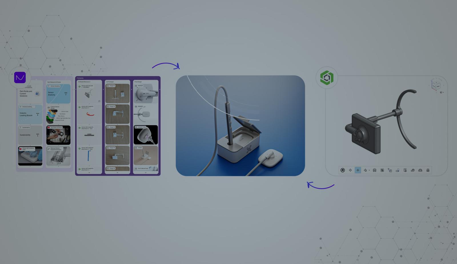 Image darkened with an overlay illustrating the Naya and Onshape workflow for a product.