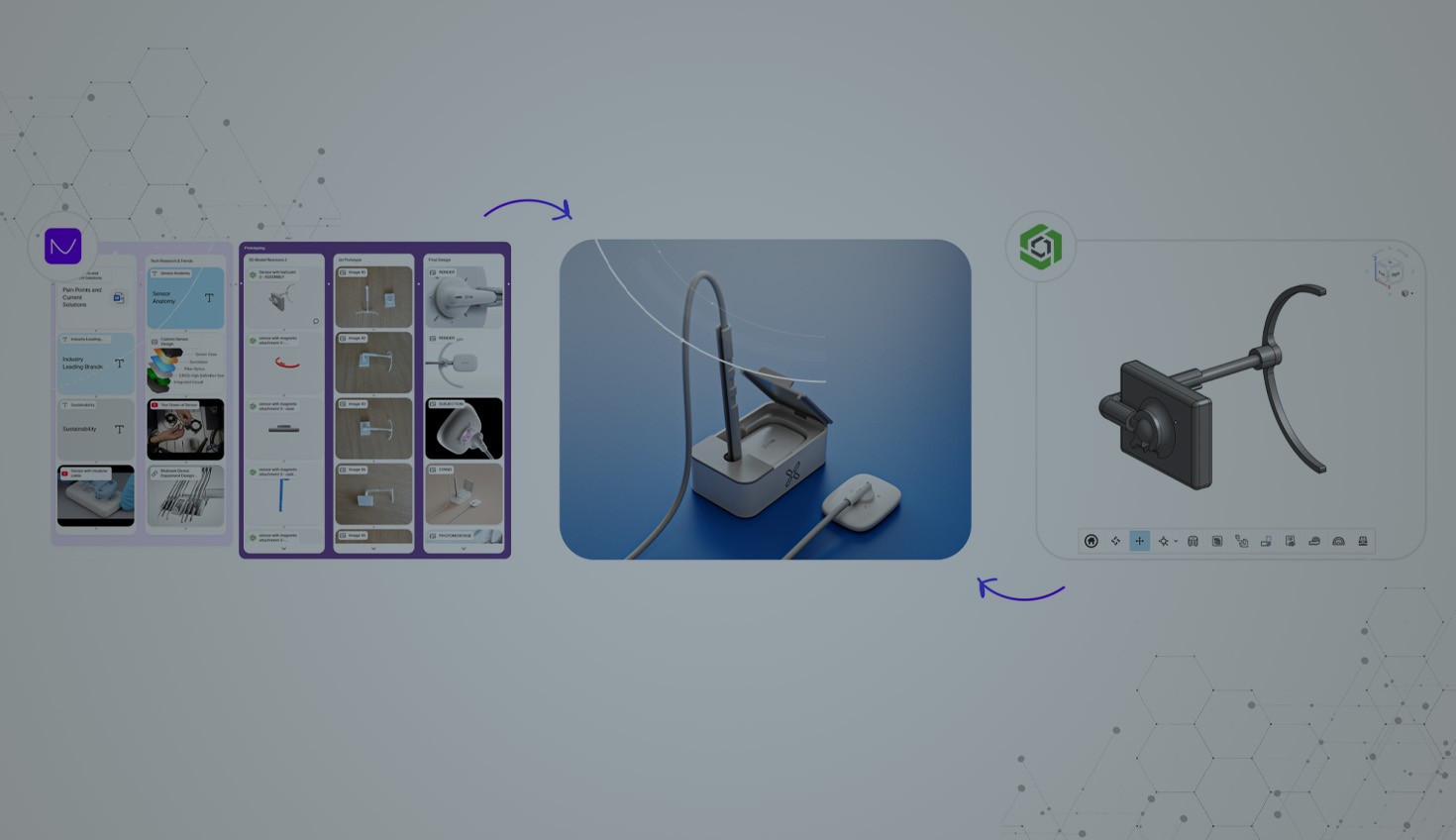 Image darkened with an overlay illustrating the Naya and Onshape workflow for a product.