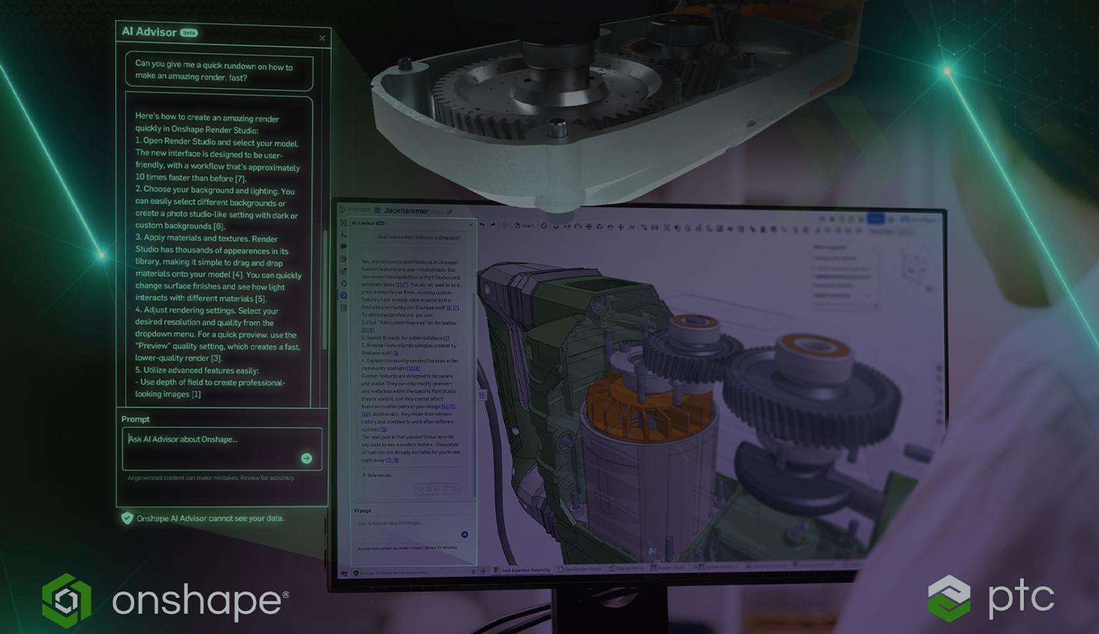 Image darkened with an overlay showing someone using Onshape AI Advisor.