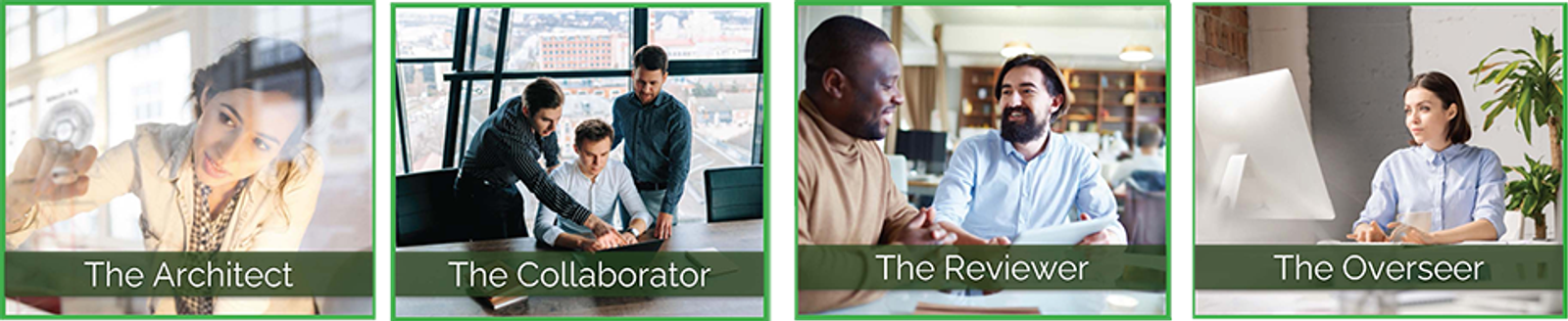 Illustration showing four personality types: architect, collaborator, reviewer, overseer or observer