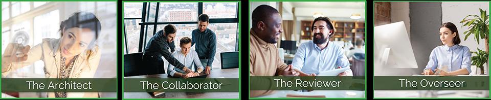 Illustration showing four personality types: architect, collaborator, reviewer, overseer or observer