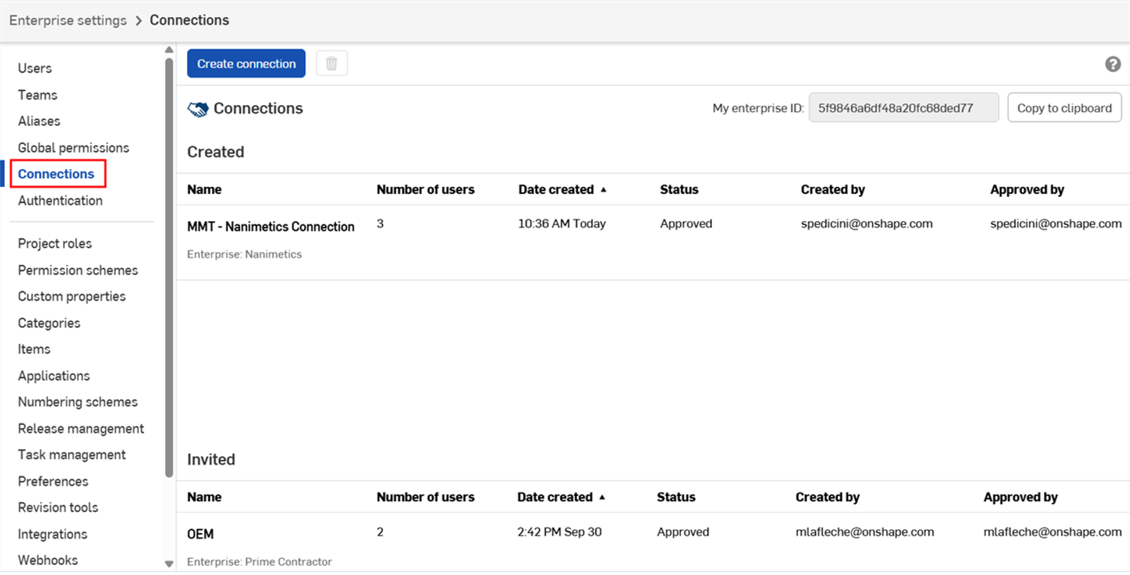 Onshape GUI showing the Connections interface within Enterprise settings.