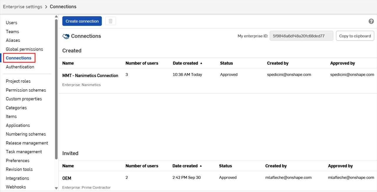 Onshape GUI showing the Connections interface within Enterprise settings.