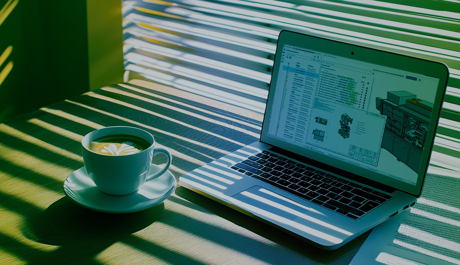 Image with a green overlay showing Onshape open on a laptop with a coffee.