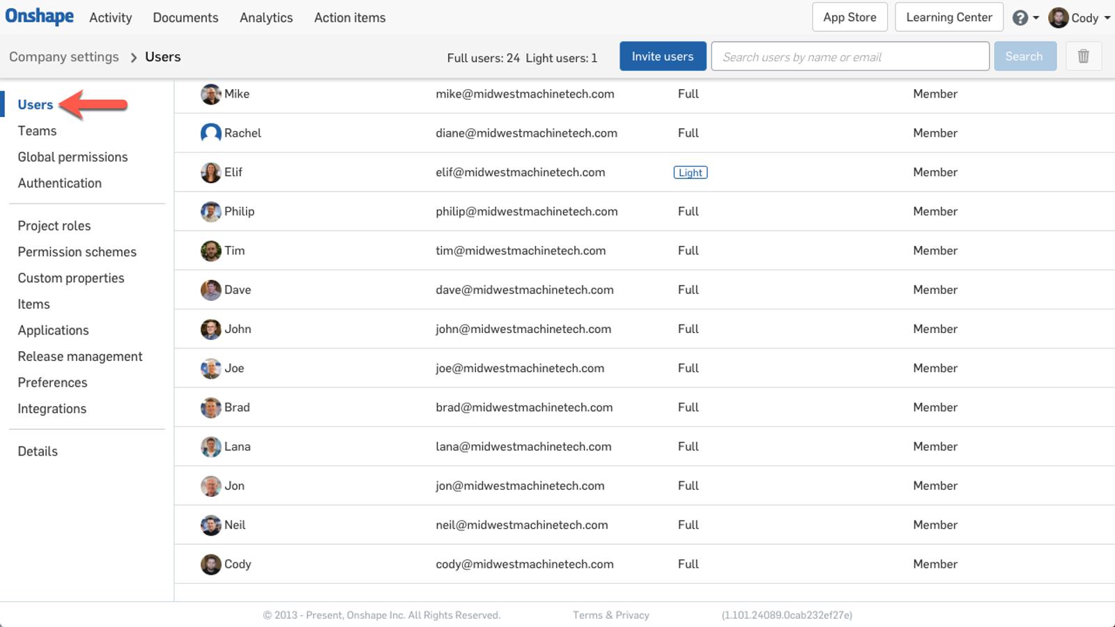 Screenshot showing where to find the Onshape Users List in your Onshape company-wide administration tools.