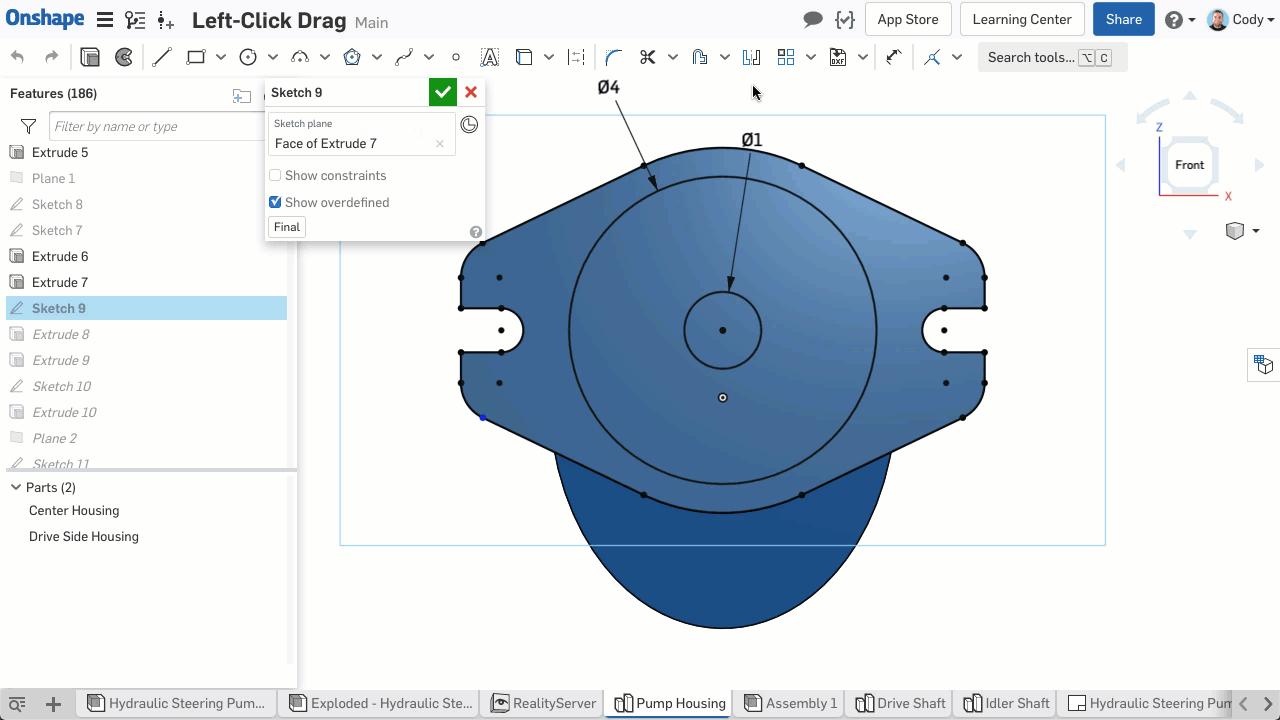 Animation of left-click dragging on sketch geometry in Onshape.