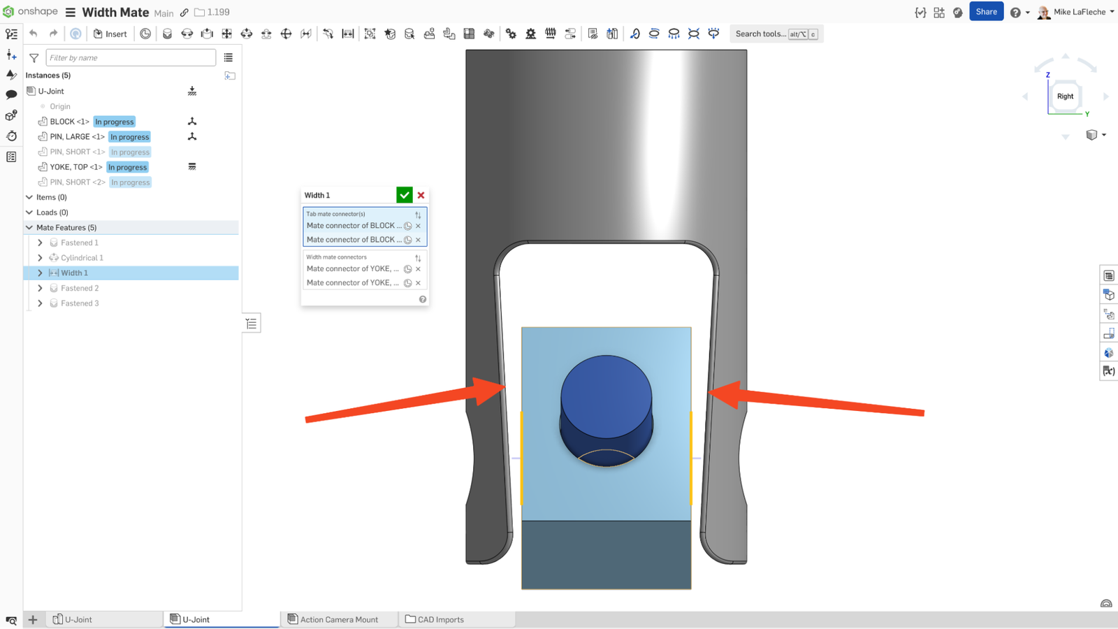 Onshape GUI showing the Width mate dialog box. 