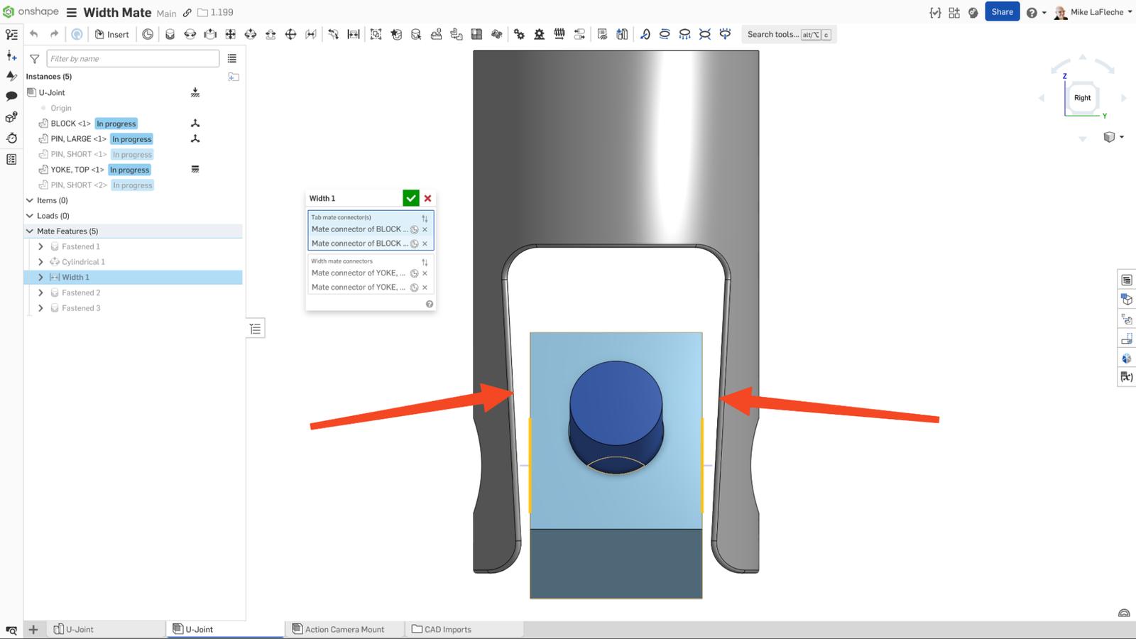 Onshape GUI showing the Width mate dialog box.
