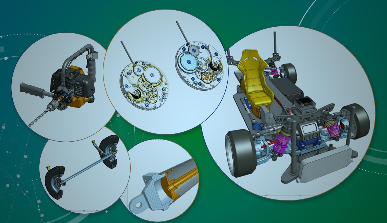 Collage darkened with an overlay of CAD models used in an Onshape demo highlighting new features.