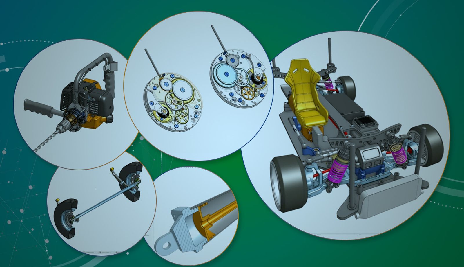 Collage darkened with an overlay of CAD models used in an Onshape demo highlighting new features.