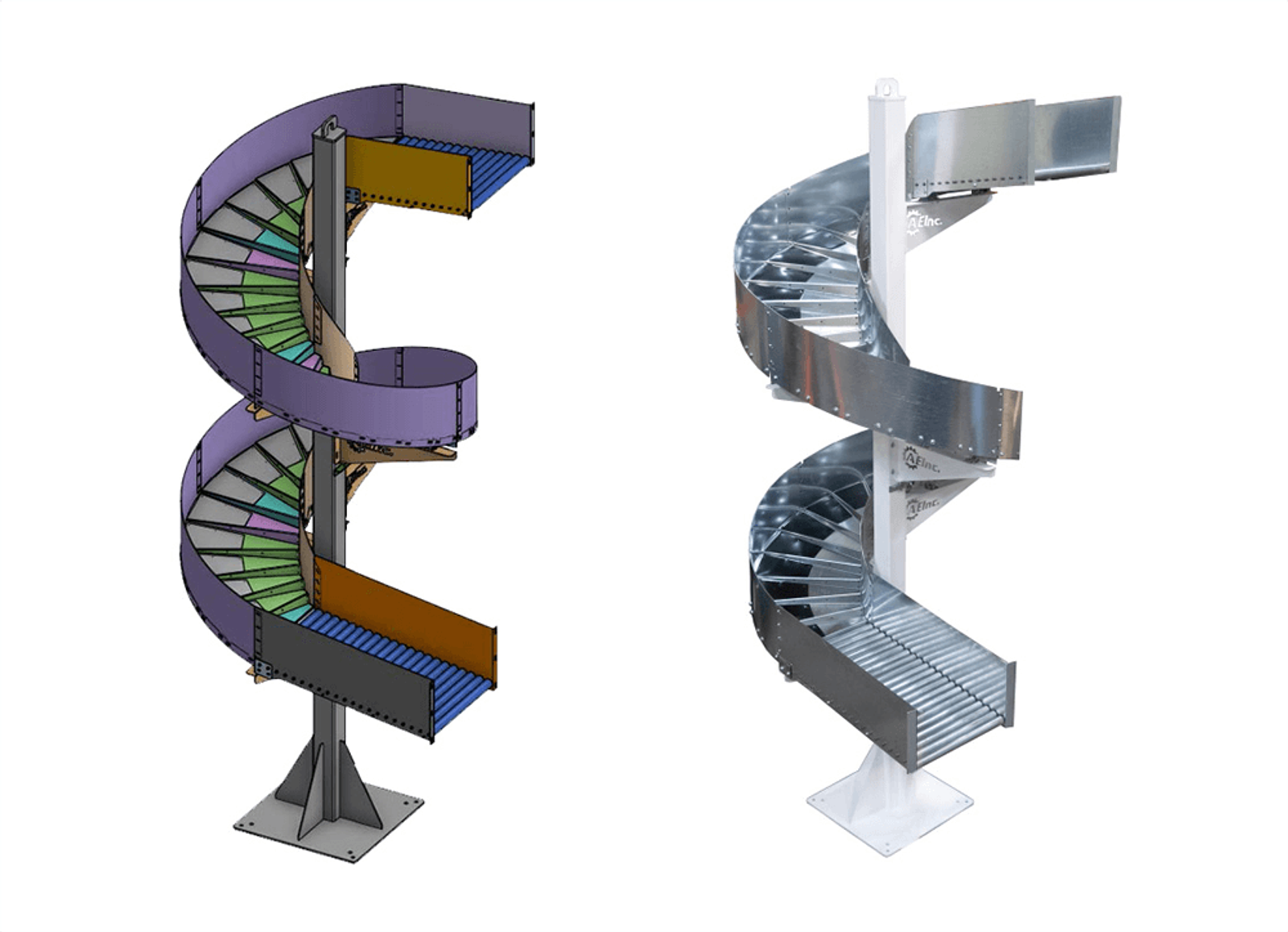 side by side comparison of CAD model and finished versions of spiral chute
