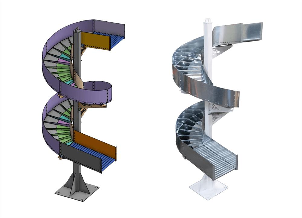 side by side comparison of CAD model and finished versions of spiral chute