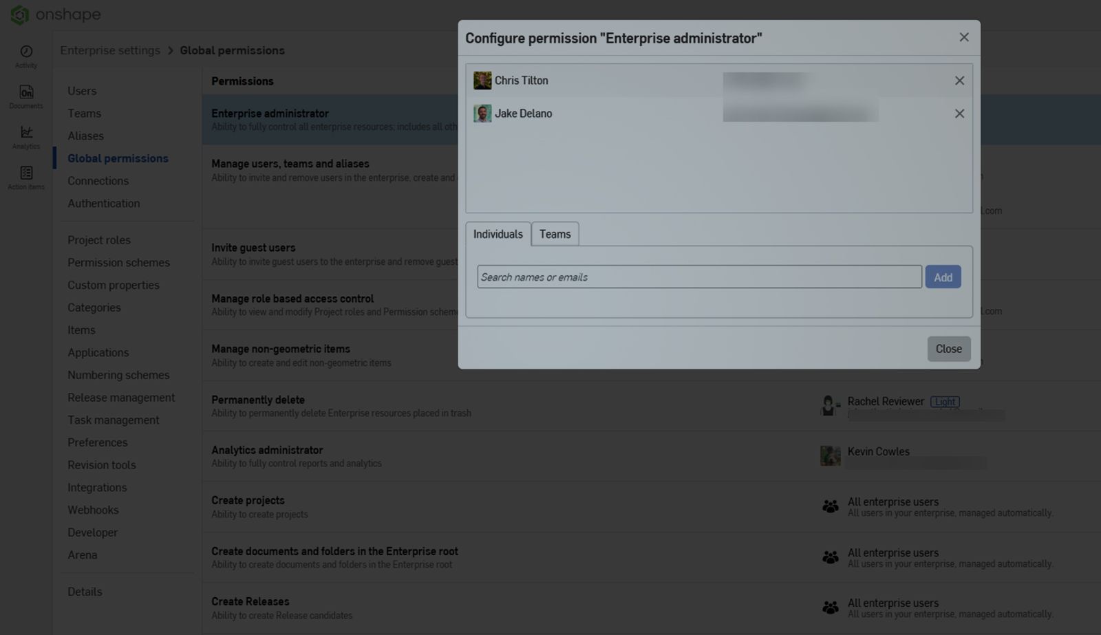 Onshape GUI with an overlay showing the dialog box Configure permission "Enterprise administrator"
