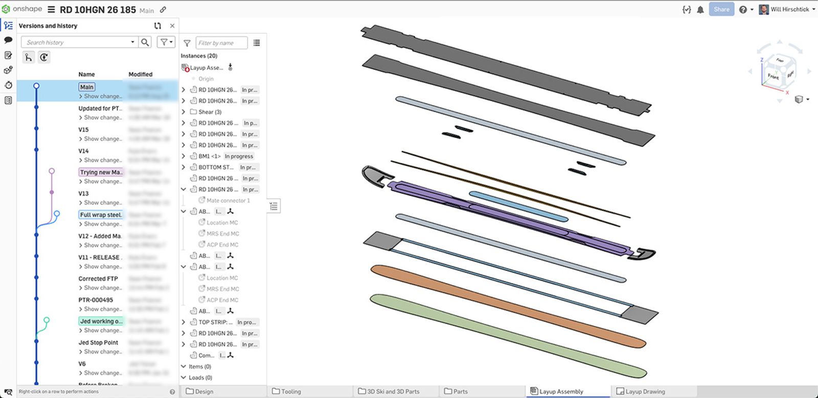 An Onshape CAD model showing various branches of a K2 ski design, including layers of different materials and shapes.
