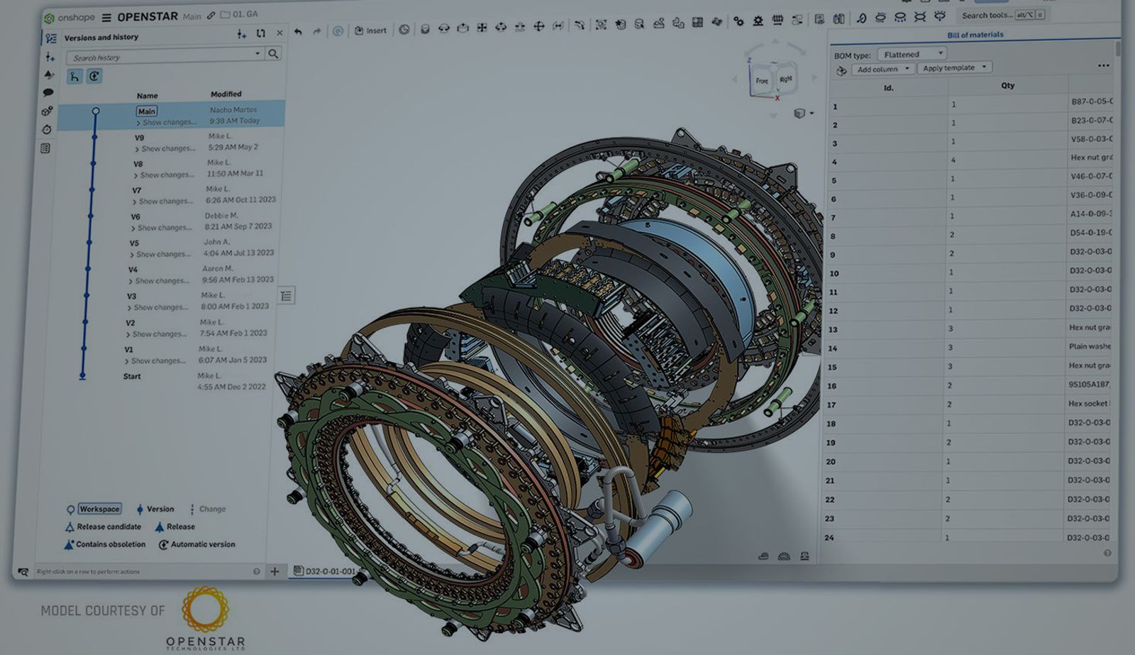 オーバーレイで暗くなった Onshape GUI の CAD モデル。
