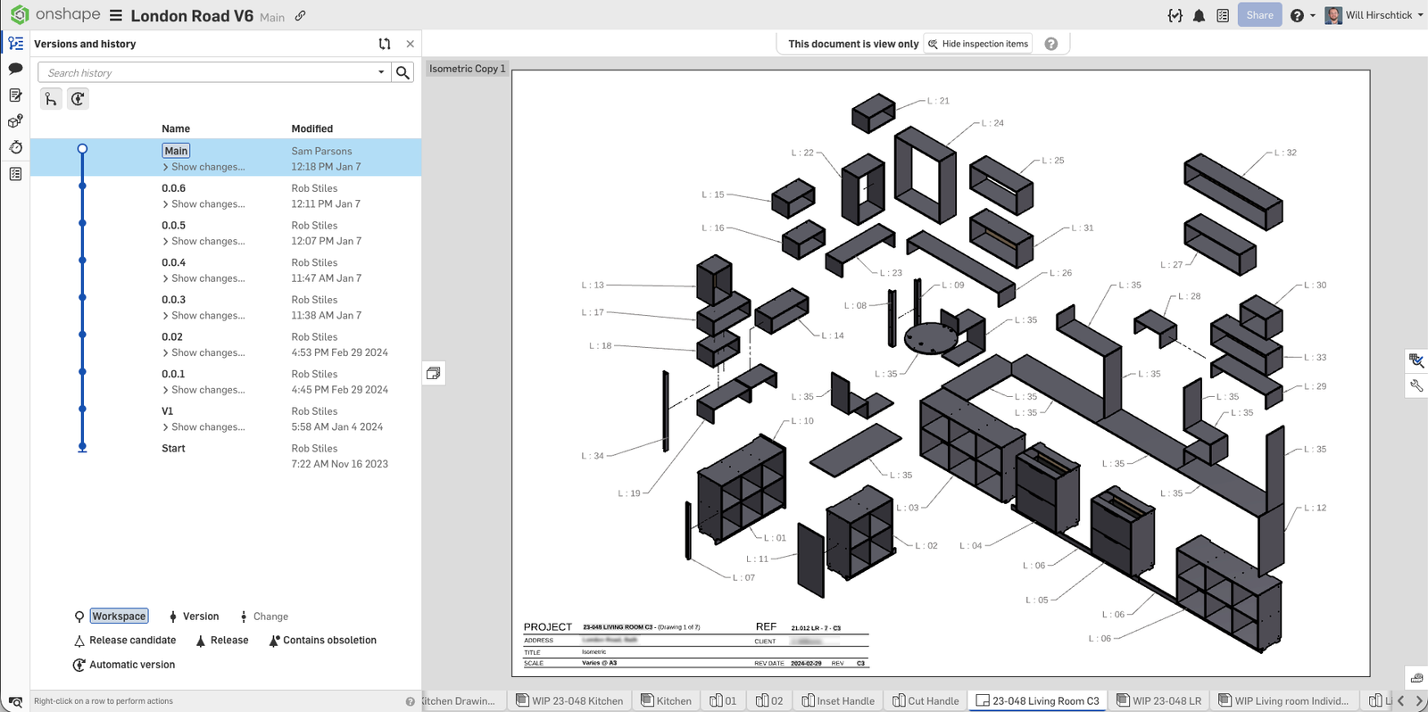 Onshape GUI showing a view-only document of shelving designed by Future Joinery System.